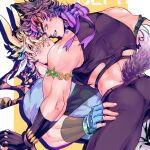  2boys animal_ears battle_tendency birthmark blonde_hair blue_eyes bow brown_hair caesar_anthonio_zeppeli crop_top facial_mark feather_hair_ornament feathers fingerless_gloves gloves green_eyes hair_ornament headband highres joestar_birthmark jojo_no_kimyou_na_bouken joseph_joestar joseph_joestar_(young) kemonomimi_mode large_pectorals male_focus midriff multicolored_hair multiple_boys muscular muscular_male pectorals pink_hair rabbit_ears scarf scarf_bow shirt striped striped_scarf t-shirt tail two-tone_hair wing_hair_ornament wolf_ears wolf_tail xing_xiao yaoi 