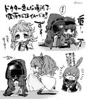  &gt;_&lt; 1other 4girls amiya_(arknights) angelina_(arknights) anger_vein animal_ear_fluff animal_ears arknights boots closed_eyes doctor_(arknights) eyjafjalla_(arknights) flat_cap flying_sweatdrops greyscale hat hood hood_up hooded_jacket horns jacket kyouna long_hair long_sleeves low_ponytail monochrome multiple_girls necktie open_clothes open_jacket open_mouth parted_lips ponytail rabbit_ears running shirt simple_background skirt sleeping spoken_zzz thighhighs thighhighs_under_boots translation_request trembling twitter_username very_long_hair vigna_(arknights) wavy_mouth white_background zzz 