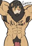  abs anthro armpit_hair balls big_muscles blizzhusky15 body_hair character_name chest_tattoo facial_tattoo felid genitals hi_res lion male mammal mane muscular muscular_anthro muscular_male nipples pantherine pubes simple_background solo tattoo text text_tattoo 