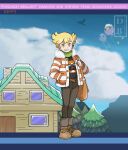  1boy adapted_costume bag bangs barry_(pokemon) bidoof blonde_hair brown_bag brown_footwear brown_pants buttons character_print cloud commentary day dreambig drifloon fur-trimmed_jacket fur_trim green_scarf grin hand_in_pocket highres holding_strap jacket male_focus messenger_bag open_clothes open_jacket orange_eyes outdoors pants pokemon pokemon_(creature) pokemon_(game) pokemon_bdsp scarf shirt shoes short_hair shoulder_bag sky smile standing teeth 