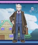  1boy blue_jacket blue_pants brown_bag brown_coat brown_footwear buttons closed_mouth coat collared_shirt copyright_name dreambig drifloon facial_hair grey_eyes grey_hair hand_on_hip highres holding jacket long_sleeves looking_at_viewer male_focus mustache necktie open_clothes open_coat outline pants pokemon pokemon_(creature) pokemon_(game) pokemon_bdsp purple_necktie rowan_(pokemon) shirt shoes short_hair standing watermark white_shirt 