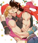  2boys antlers black_hair blonde_hair bow caesar_anthonio_zeppeli christmas closed_eyes crop_top denim facial_mark fingerless_gloves gloves hat headband highres imminent_kiss jeans jojo_no_kimyou_na_bouken joseph_joestar joseph_joestar_(young) leotard male_focus midriff multiple_boys pants red_scarf reindeer_antlers santa_hat scarf scarf_bow smile spadelake 