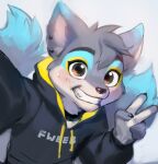  ambiguous_gender anthro awkward_smile brown_eyes canid clothing ear_piercing ear_ring eyelashes eyeshadow fingers fur gesture grey_body grey_fur hoodie makeup mammal piercing popodunk solo teeth teeth_showing topwear v_sign wide_eyed 