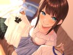  1girl aoi_tiduru bangs belt belt_buckle black_bow black_bowtie blouse blue_bag blue_eyes blue_skirt blurry blurry_background blush bow bowtie breasts brown_belt brown_hair buckle closed_mouth clothes_hanger collarbone commentary_request depth_of_field eyebrows_visible_through_hair frilled_blouse frilled_shirt_collar frills green_skirt gym_shirt holding holding_clothes holding_shirt indoors looking_at_viewer medium_breasts original puffy_short_sleeves puffy_sleeves school_uniform shirt shirt_tucked_in short_sleeves sitting skirt smile solo white_blouse white_shirt 