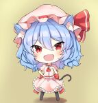  1girl :d absurdres animal_ear_fluff blue_hair brooch chibi dress ei_tantan fang full_body hat highres jewelry kemonomimi_mode long_hair looking_at_viewer mob_cap pink_dress red_eyes remilia_scarlet simple_background skin_fang slit_pupils smile solo thighhighs touhou 