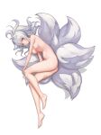  1girl absurdres animal_ear_fluff animal_ears ass barefoot blue_eyes breasts closed_mouth commentary commission completely_nude dungeon_and_fighter egk513 fox_ears fox_girl fox_tail full_body hand_on_own_knee highres kyuubi long_hair looking_at_viewer lying medium_breasts multiple_tails navel nipples nude on_side ponytail silver_hair solo tail 
