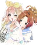  2girls annoyed bangs blonde_hair blue_neckerchief blue_sailor_collar blush brown_hair cheek_poking faux_traditional_media green_eyes hair_ribbon hand_up hibike!_euphonium highres holding holding_instrument index_finger_raised instrument kataru_(ubw-emiya) kitauji_high_school_uniform long_hair looking_at_another multiple_girls nakagawa_natsuki neckerchief open_mouth painting_(medium) parted_lips poking ponytail purple_eyes ribbon sailor_collar school_uniform serafuku shirt short_sleeves simple_background smile traditional_media trumpet watercolor_(medium) white_background white_shirt yellow_ribbon yoshikawa_yuuko 