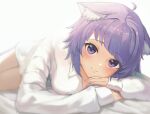  1girl absurdres ahoge animal_ear_fluff animal_ears ayama_nano bangs bed_sheet blush breasts cat_ears closed_mouth commentary_request eyebrows_visible_through_hair highres hololive large_breasts long_sleeves looking_at_viewer lying nekomata_okayu on_bed on_side purple_eyes purple_hair shirt short_hair simple_background sleeves_past_wrists smile solo virtual_youtuber white_background white_shirt 