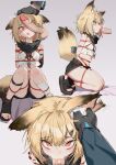  1boy absurdres animal_ear_fluff animal_ears arknights artist_request bangs bdsm black_cape blonde_hair blush bondage bound cape commission eyebrows_visible_through_hair fang flat_chest fox_ears full_body hair_between_eyes hair_ornament hairpin hetero highres kneeling leg_strap looking_at_viewer multiple_girls multiple_views open_mouth oral orange_eyes penis petite restrained scarf second-party_source shibari short_hair skin_fang solo tail toeless_footwear vermeil_(arknights) 