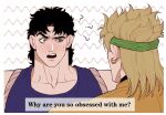  2boys ? black_hair blonde_hair blue_eyes confused derivative_work dio_brando earrings headband jewelry jojo_no_kimyou_na_bouken jonathan_joestar male_focus mean_girls multiple_boys parody phantom_blood purple_eyes raised_eyebrow spadelake stardust_crusaders 