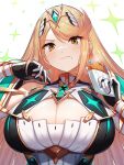  absurdres bangs bare_shoulders blonde_hair breasts chest_jewel cleavage cleavage_cutout clothing_cutout earrings gem gloves green322 headpiece highres jewelry large_breasts long_hair mythra_(xenoblade) swept_bangs tiara very_long_hair white_gloves xenoblade_chronicles_(series) xenoblade_chronicles_2 yellow_eyes 