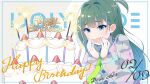  1girl birthday birthday_cake blue_eyes breasts cake food fruit green_hair happy_birthday highres idoly_pride komiyama_ai long_hair looking_at_viewer open_mouth qp:flapper solo strawberry 