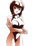  1girl :d arms_under_breasts bangs bare_shoulders bob_cut breasts brown_eyes brown_hair brown_swimsuit collarbone commentary cowboy_shot crossed_arms halterneck highleg highleg_swimsuit large_breasts looking_at_viewer one-piece_swimsuit open_mouth ranma_1/2 short_hair simple_background sketch smile solo standing swimsuit tendou_nabiki white_background yamada_(fanfantaisa) 