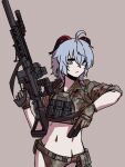  1girl ammunition_belt ammunition_pouch assault_rifle bangs bikini blue_hair brown_background camouflage camouflage_bikini camouflage_gloves camouflage_jacket closed_mouth ganyu_(genshin_impact) genshin_impact grey_eyes gun h&amp;k_hk416 highres holding holding_gun holding_weapon horns jacket magazine_(weapon) medium_hair navel pouch rifle sharpy_(kdy000913) simple_background sleeves_rolled_up solo swimsuit trigger_discipline weapon 