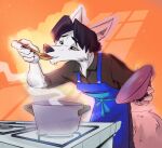  angel_wolf_(angel_generations) anthro appliance apron black_clothing black_eyebrows black_hair black_shirt black_topwear blue_apron brown_eyes canid canine canis clothing cooking cooking_pot cutlery dress_shirt eyebrows fire fluffy fluffy_tail food_in_mouth fur hair jetack92 kitchen_utensils male mammal shirt simple_background slurping solo spoon steam stove tasting tools topwear white_body white_fur wolf wooden_spoon 