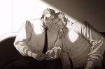  2boys alternate_universe beard caesar_anthonio_zeppeli cigarette derivative_work facial_hair facial_mark formal gloves grey_hair highres jewelry jojo_no_kimyou_na_bouken joseph_joestar joseph_joestar_(old) male_focus monochrome multiple_boys necktie old old_man older reference_photo ring sepia spadelake stardust_crusaders wedding_ring 