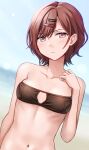  1girl arm_at_side bandeau bangs bikini black_bikini breasts brown_hair closed_mouth collarbone commentary_request eyebrows_visible_through_hair hair_ornament hairclip hand_up hashi higuchi_madoka idolmaster idolmaster_shiny_colors looking_at_viewer mole mole_under_eye navel purple_eyes short_hair small_breasts solo swimsuit upper_body 