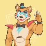  1:1 animatronic anthro blue_eyes bodypaint bracelet clothing ear_piercing five_nights_at_freddy&#039;s five_nights_at_freddy&#039;s:_security_breach flunky glamrock_freddy_(fnaf) hand_holding hat headgear headwear hi_res jewelry looking_at_viewer machine male mammal piercing robot scottgames simple_background smile solo spiked_bracelet spikes top_hat topknot ursid video_games 