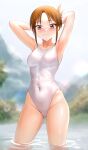  1girl absurdres armpits arms_behind_head besmiled brown_eyes brown_hair closed_mouth competition_swimsuit covered_navel highleg highres karakuri_circus looking_at_viewer one-piece_swimsuit partially_submerged short_hair solo standing swimsuit thighs white_swimsuit 