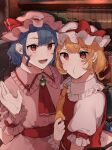  2girls :d :t ascot bangs blonde_hair blue_hair bookshelf bow brooch eyebrows_visible_through_hair flandre_scarlet hair_behind_ear hand_up hat highres indoors jewelry laspberry. light_blush looking_at_viewer mob_cap multiple_girls pout red_bow red_eyes remilia_scarlet siblings sisters smile touhou upper_body wrist_cuffs yellow_ascot 