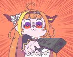  1girl :3 ahoge aiming_at_viewer anger_vein bkub_(style) finger_on_trigger gun hairband handgun holding holding_gun holding_weapon hololive horns kiryu_coco kukie-nyan long_hair looking_at_viewer multicolored_hair orange_background orange_hair pistol poptepipic purple_eyes red_eyes shaded_face solo streaked_hair twitter_username two-tone_hair upper_body weapon wide-eyed 