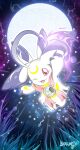  absurdres arm_up artist_name barlume_(barlzar) claws crescent digimon digimon_(creature) grass highres looking_at_viewer lunamon magic moon one_eye_closed pink_eyes solo starry_background 
