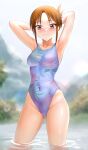  1girl absurdres armpits arms_behind_head besmiled blue_swimsuit brown_eyes brown_hair closed_mouth competition_swimsuit covered_navel highleg highres karakuri_circus looking_at_viewer one-piece_swimsuit outdoors partially_submerged short_hair solo standing swimsuit thighs 