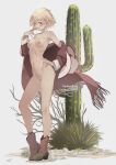  1girl :d artist_name blonde_hair boots breasts brown_eyes cactus finger_to_mouth full_body grey_background hand_on_hip jacket kanojo_okarishimasu looking_at_viewer medium_breasts nanami_mami navel nipples nude open_mouth red_jacket short_hair simple_background smile solo standing sydus 