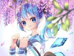  1girl alternate_hair_length alternate_hairstyle backlighting backpack bag blue_eyes blue_hair censored cirno flower grin highres ice ice_wings long_hair looking_at_viewer mosaic_censoring overexposure ponytail purple_flower randoseru smile solo touhou upper_body wings wisteria yuineko 