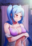  .live 1girl absurdres bangs bare_shoulders black_ribbon blue_hair blurry blurry_background blush bra breasts cleavage closed_mouth commentary_request curtains eyebrows forehead hair_ornament hair_ribbon hashihiro_ko highres large_pectorals long_hair looking_away navel off_shoulder open_clothes open_shirt parted_bangs pectorals purple_bra red_eyes ribbon shirt sidelocks solo split_mouth twintails underwear undressing upper_body virtual_youtuber white_shirt yamato_iori 