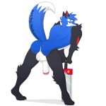  1:1 alpha_channel annie_(skullgirls) anthro backsack balls butt fur genitals hair male mammal melee_weapon notkastar nude penis raised_tail signature skullgirls smile solo sonicfox_(sonicfox5000) spread_legs spreading sword text video_games weapon 