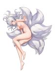  1girl absurdres animal_ear_fluff animal_ears arm_up ass barefoot blue_eyes breasts closed_mouth commentary commission completely_nude dungeon_and_fighter egk513 fox_ears fox_girl fox_tail full_body highres kyuubi long_hair looking_at_viewer lying medium_breasts multiple_tails navel nipples nude on_side ponytail silver_hair solo tail 