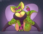  anthro big_breasts boots breasts cleavage clothed clothing cobra digital_media_(artwork) drxii fangs female footwear gloves green_body green_scales handwear hi_res hosemistress huge_breasts looking_at_viewer mask non-mammal_breasts reptile scales scalie simple_background snake snake_hood solo 
