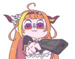  1girl :3 aiming_at_viewer anger_vein bkub_(style) finger_on_trigger gun hairband handgun holding holding_gun holding_weapon hololive horns kiryu_coco kukie-nyan long_hair looking_at_viewer multicolored_hair orange_hair pistol poptepipic purple_eyes red_eyes shaded_face simple_background solo streaked_hair twitter_username two-tone_hair upper_body weapon white_background wide-eyed 