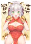  1girl 2022 :d animal_ears animal_hands animal_print bangs braid breasts checkered_background china_dress chinese_clothes chinese_zodiac cleavage cleavage_cutout clothing_cutout commentary_request crown_braid dress eyebrows_visible_through_hair fur-trimmed_gloves fur_trim gloves green_eyes grey_hair happy_new_year highres long_hair looking_at_viewer medium_breasts nagare_yoshimi new_year original paw_gloves paw_shoes pelvic_curtain print_gloves puffy_short_sleeves puffy_sleeves red_dress short_sleeves smile solo tail tiger_ears tiger_girl tiger_print tiger_tail very_long_hair year_of_the_tiger yellow_gloves 