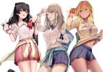  3girls abi_(abimel10) bangs black_hair blue_eyes blush breasts brown_eyes brown_hair cleavage commentary_request eyebrows_visible_through_hair hair_ornament highres idolmaster idolmaster_shiny_colors izumi_mei large_breasts long_sleeves looking_at_viewer mayuzumi_fuyuko multiple_girls nail_polish navel one_eye_closed parted_lips pink_nails serizawa_asahi shirt simple_background skirt smile teeth thighs wet wet_clothes white_background white_shirt 