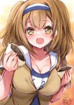  1girl absurdres artist_name bangs black_swimsuit blush breasts brown_eyes cleavage collarbone dated eyebrows_visible_through_hair food green_jacket hair_between_eyes hairband highres holding holding_food i-26_(kancolle) jacket kantai_collection large_breasts light_brown_hair long_hair mashiro_yukiya name_tag new_school_swimsuit one-piece_swimsuit open_mouth school_swimsuit short_sleeves signature smile solo swimsuit two-tone_hairband two_side_up upper_body 