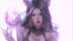  1girl absurdres ahri_(league_of_legends) animal_ears bangs bare_shoulders blonde_hair brown_hair coven_ahri facial_mark fangs fox_ears highres league_of_legends long_hair looking_at_viewer lyn_e magic multicolored_hair nail_polish pink_eyes pink_nails portrait slit_pupils solo teeth tongue two-tone_hair vastaya whisker_markings 