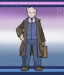  1boy blue_jacket blue_pants brown_bag brown_coat brown_footwear buttons closed_mouth coat collared_shirt copyright_name dreambig facial_hair grey_eyes grey_hair hand_on_hip highres holding jacket long_sleeves looking_at_viewer male_focus mustache necktie open_clothes open_coat outline pants pokemon pokemon_(game) pokemon_bdsp purple_necktie rowan_(pokemon) shirt shoes short_hair standing watermark white_shirt 