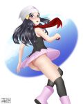  ass beanie black_hair black_legwear black_shirt blush boots commentary dated dawn_(pokemon) eyelashes floating_scarf grey_eyes hair_ornament hairclip hat holding holding_poke_ball jay156 long_hair looking_back no_panties open_mouth over-kneehighs pink_footwear pink_skirt poke_ball poke_ball_(basic) pokemon pokemon_(game) pokemon_dppt red_scarf scarf shirt sidelocks signature skirt sleeveless sleeveless_shirt teeth thighhighs tongue upper_teeth upskirt white_headwear 