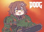  1girl :3 :d animal_ears armor bangs blush bone_hair_ornament braid brown_eyes brown_hair chainsaw cosplay dog_ears dog_girl doom_(2016) doom_(series) doomguy doomguy_(cosplay) english_commentary eyebrows_visible_through_hair fang hair_between_eyes hair_ornament happy holding holding_chainsaw holding_weapon hololive inugami_korone kukie-nyan logo_parody looking_at_viewer low_twin_braids medium_hair open_mouth parody praetor_suit smile solo sparkling_eyes twin_braids twitter_username virtual_youtuber weapon 