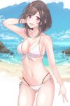  1girl absurdres beach bikini blue_sky breasts brown_eyes brown_hair cleavage cloud commentary_request cowboy_shot day highres horizon idolmaster idolmaster_shiny_colors layered_bikini looking_at_viewer medium_breasts ocean outdoors short_hair sikimosh sky solo standing swimsuit tsukioka_kogane white_bikini 