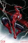  1boy animal_print artist_name black_bodysuit bodysuit drawing english_commentary full_body hanging highres in-hyuk_lee instagram_username logo looking_at_viewer male_focus marvel muscular muscular_male painting pose print_bodysuit red_bodysuit signature silk solo spider-man spider-man_(series) spider_print spider_web spider_web_print superhero web_address western_comics 