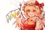  1girl :d ascot bangs blonde_hair blood blood_splatter bow broken_heart brooch chinese_commentary commentary crystal flandre_scarlet frilled_shirt_collar frills giving hair_between_eyes hat hat_bow heart heart_brooch highres jewelry kuchuanleikan long_sleeves looking_at_viewer mixed-language_commentary mob_cap one_side_up open_hand open_mouth puffy_short_sleeves puffy_sleeves red_background red_bow red_eyes red_vest ribbon-trimmed_headwear ribbon_trim shirt short_hair short_sleeves simple_background smile solo teeth touhou upper_body vest white_headwear white_shirt wings wrist_cuffs yellow_ascot 