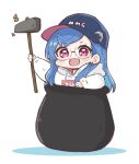  1girl :d baseball_cap blue_hair blue_headwear blue_nails blush cauldron chibi colored_shadow commentary_request drawstring earrings fang getting_over_it glasses hammer hat highres hitomiz holding hood hood_down hoodie in_cauldron in_pot jewelry long_hair long_sleeves looking_at_viewer multicolored_hair nail_polish nijisanji nishizono_chigusa notice_lines puffy_long_sleeves puffy_sleeves red_eyes round_eyewear shadow sledgehammer sleeves_past_wrists smile solo two-tone_hair white_background white_hoodie 