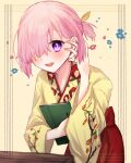  1girl :d adjusting_hair blush bow fate/grand_order fate_(series) floral_print framed hair_bow hair_over_one_eye hand_in_hair harukappa highres japanese_clothes kimono leaning_forward long_sleeves looking_at_viewer mash_kyrielight pink_hair print_kimono purple_eyes short_hair smile solo standing tied_hair yellow_bow yellow_kimono 