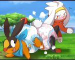  anthro blush bodily_fluids bump bunnyhopps butt butt_bump diaper duo embarrassed jupiters lagomorph leporid male mammal nintendo pok&eacute;mon pok&eacute;mon_(species) rabbit raboot scut_tail short_tail surprise sweat tepig video_games 