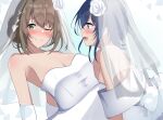  2girls absurdres bare_shoulders blue_eyes blue_hair blush breasts cleavage dress elbow_gloves flower gloves green_eyes hair_ribbon highres medium_breasts misakino_kukuru miyazawa_fuuka multiple_girls one_eye_closed ribbon shiroi_suna_no_aquatope short_hair veil wedding_dress white_dress white_ribbon wife_and_wife yuki_kuro yuri 