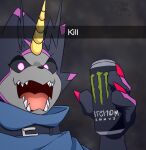  anthro bandai_namco belt beverage black_body black_sclera black_skin blue_cape cape clothing digimon digimon_(species) grusgammamon hi_res holding_beverage holding_object horn male meme open_mouth sharp_teeth soda solo teeth zackampz 