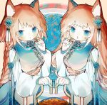  2girls animal_ears autumn blue_eyes braid brown_hair flower hair_flower hair_ornament japanese_clothes konomiyakii long_hair looking_at_viewer multiple_girls nut_(food) orange_hair original pale_skin siblings sisters squirrel squirrel_ears squirrel_girl squirrel_tail tail twins 